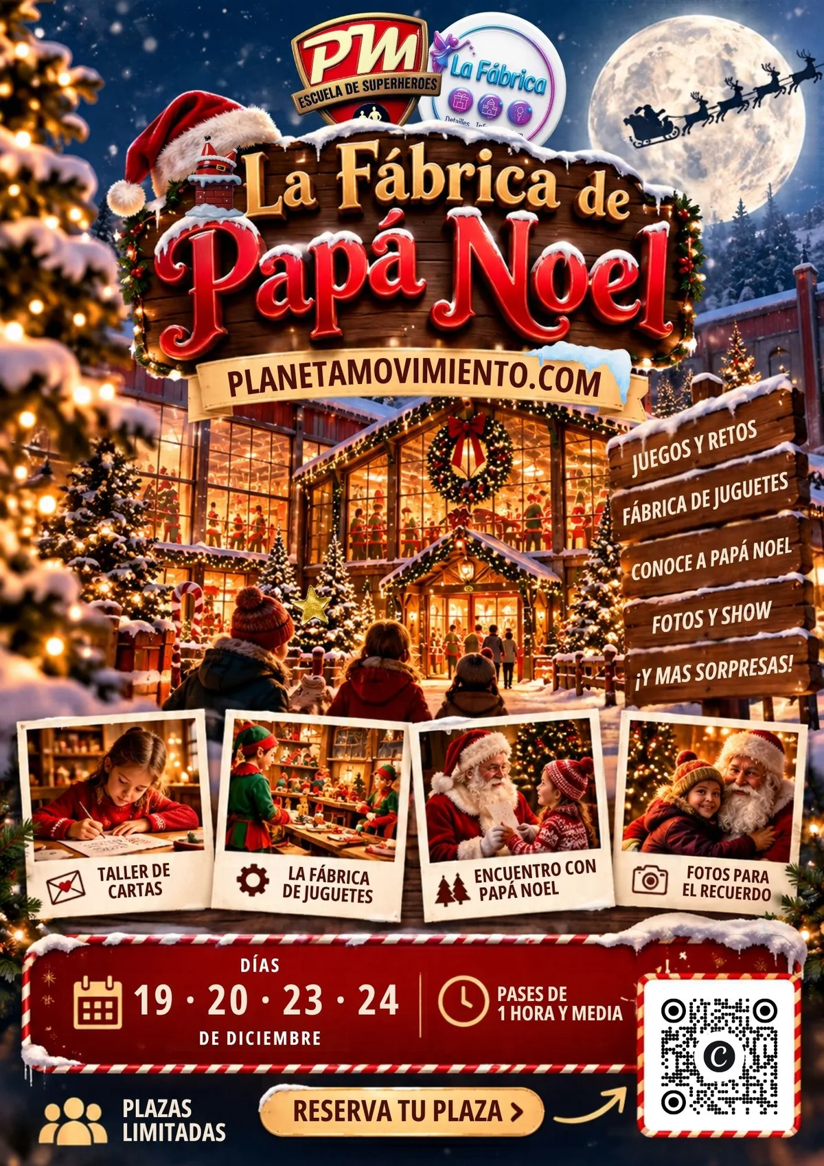 La fábrica de Papá Noel iluminada en una noche nevada